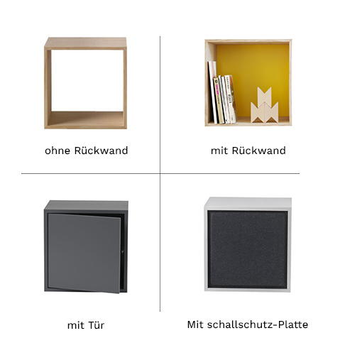 OHNE RÜCKWAND, MIT RÜCKWAND, MIT TÜR, MIT SCHALLSCHUTZ-PLATTE